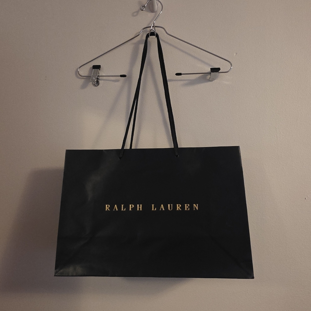 Authentic Ralph Lauren Black Shopping Bag 16”x11”x6”Gold Logo & Rope Handles